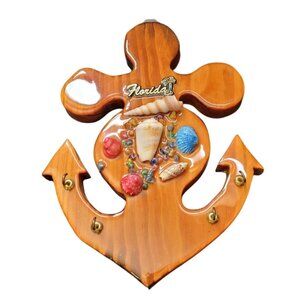 Vintage Florida-Themed Wooden Anchor Wall Decor With Seashells & Resin Accents